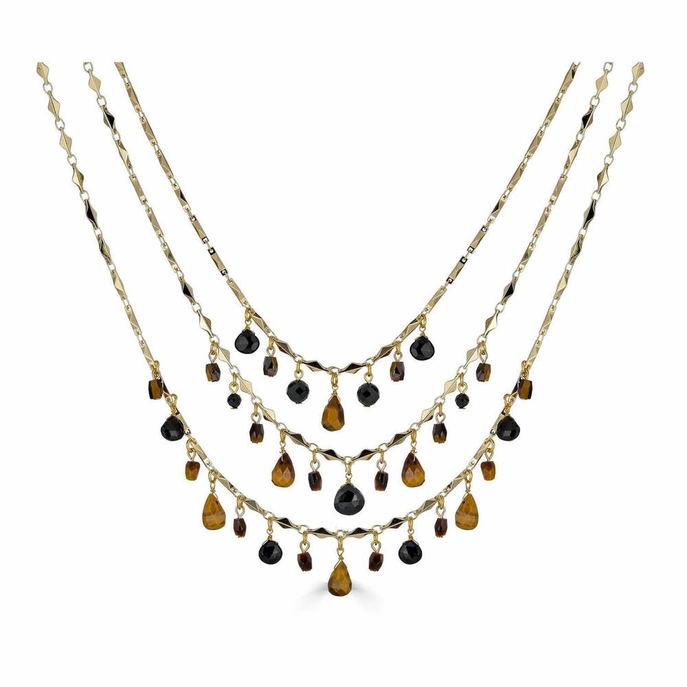 NEW RACHEL REINHARDT women's tigers eye and black spinel bib necklace in gold